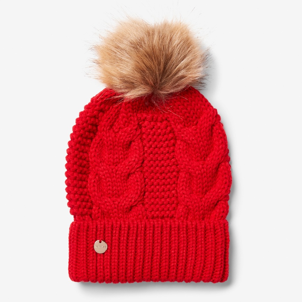 Express Red Cable Knit Pom Beanie Hat